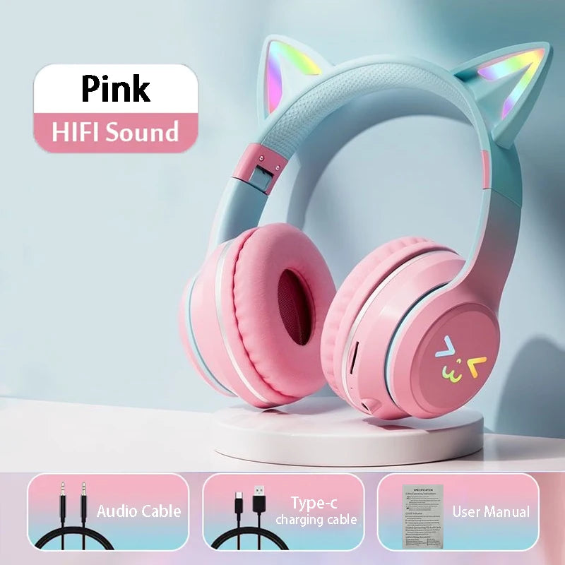 Flash Light Pink Cute Cat Ear Headphones