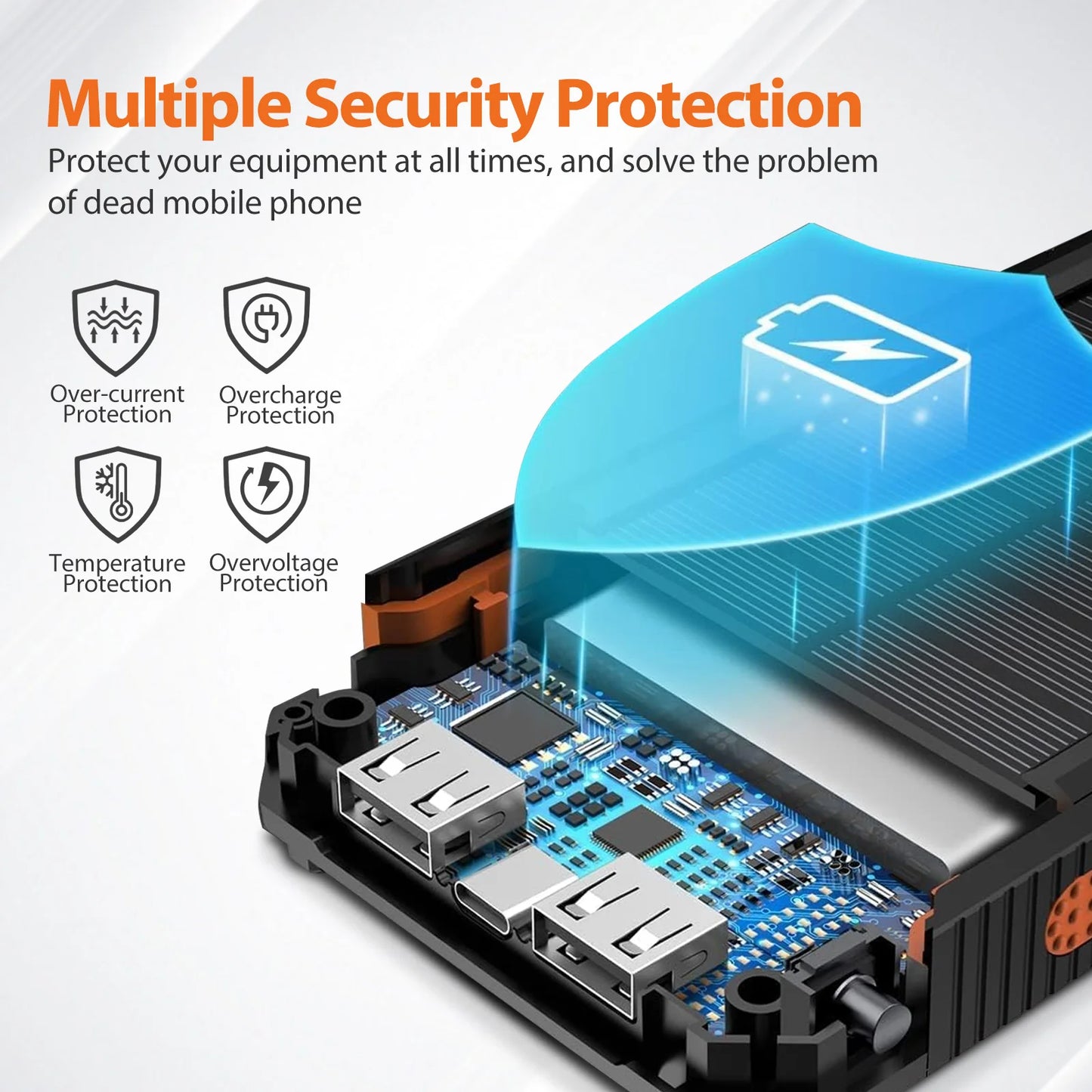 20000mAh Solar Power Bank Portable Solar Charger Waterproof Dual 5V USB Ports 2 LED Light