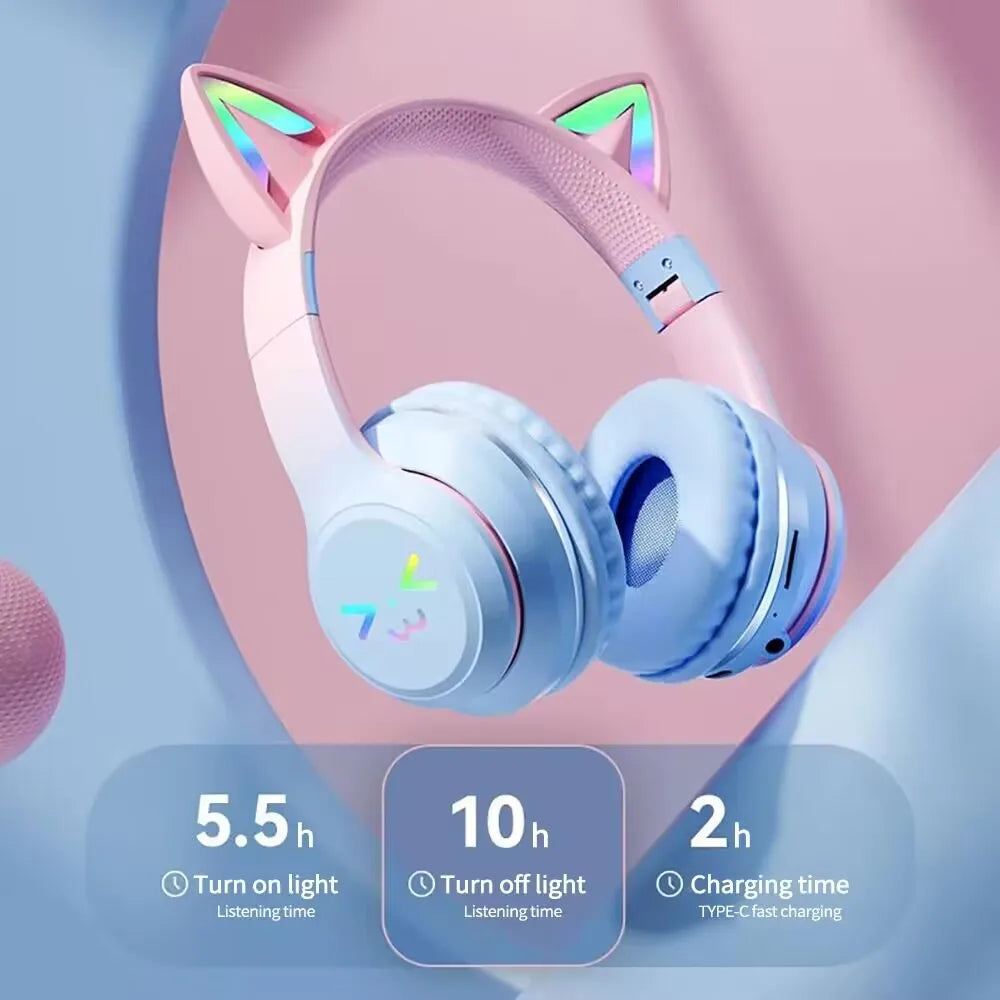 Flash Light Pink Cute Cat Ear Headphones