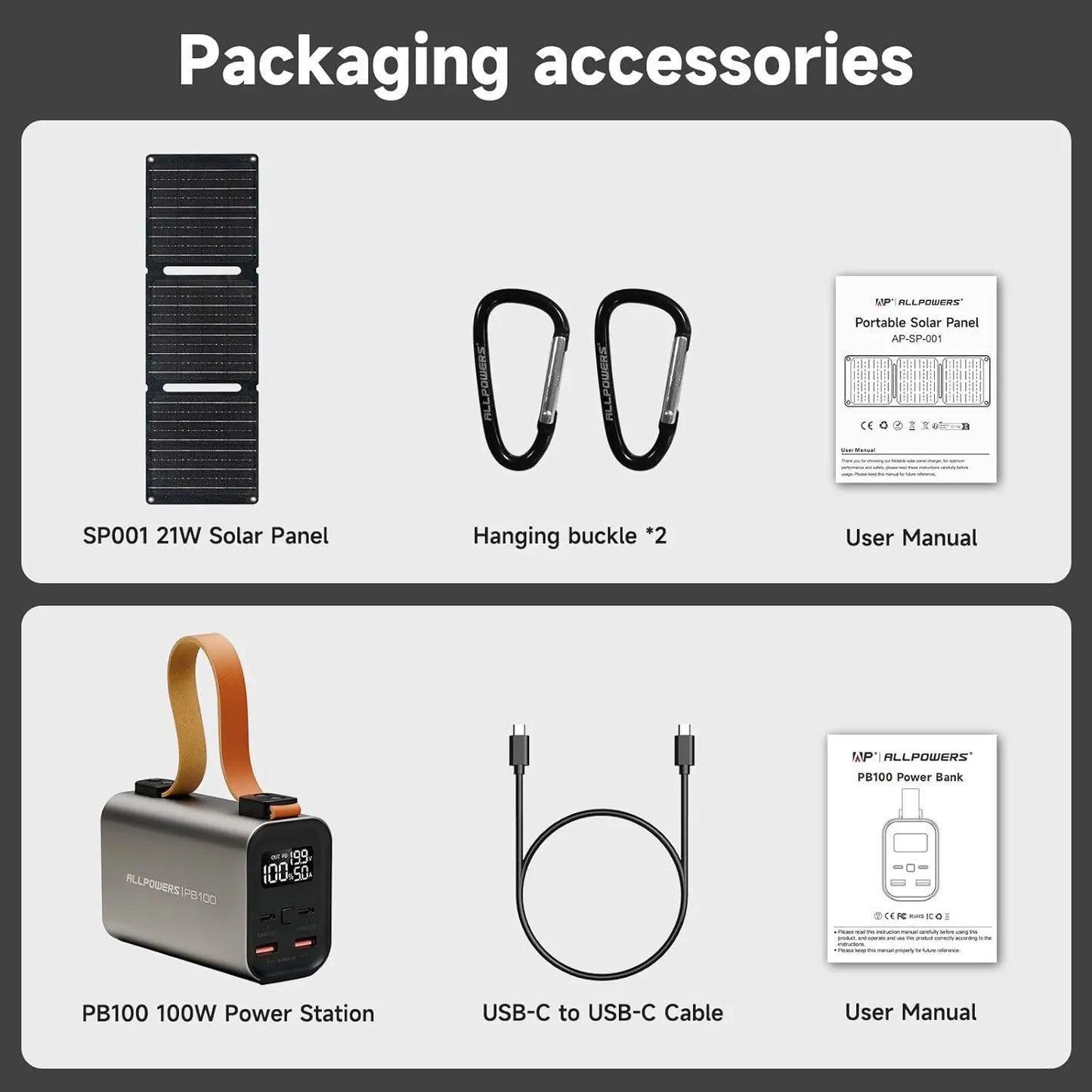 ALLPOWERS PB100 Portable Power Bank 100W Fast Charging & SP001 21W Solar Panel foldable