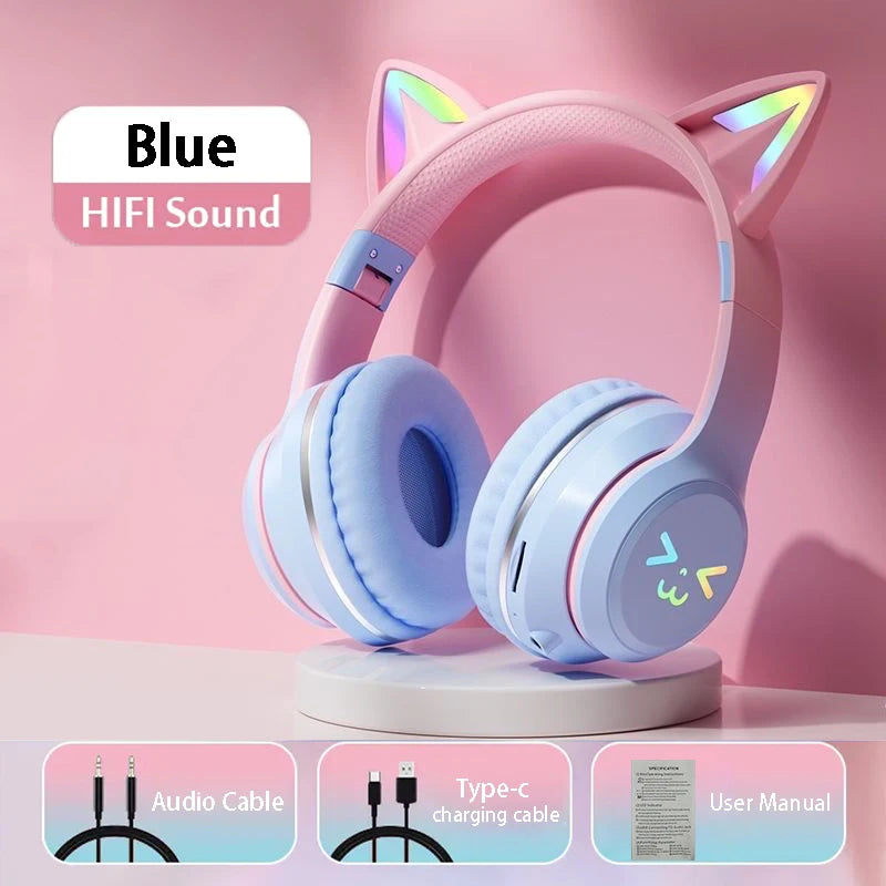 Flash Light Pink Cute Cat Ear Headphones