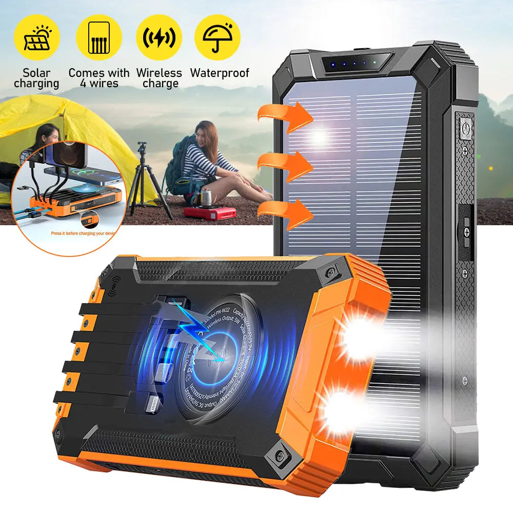 Solar Power Bank Ultra Large Capacity USB 4 in1 Super Fast Charging Built in Cables