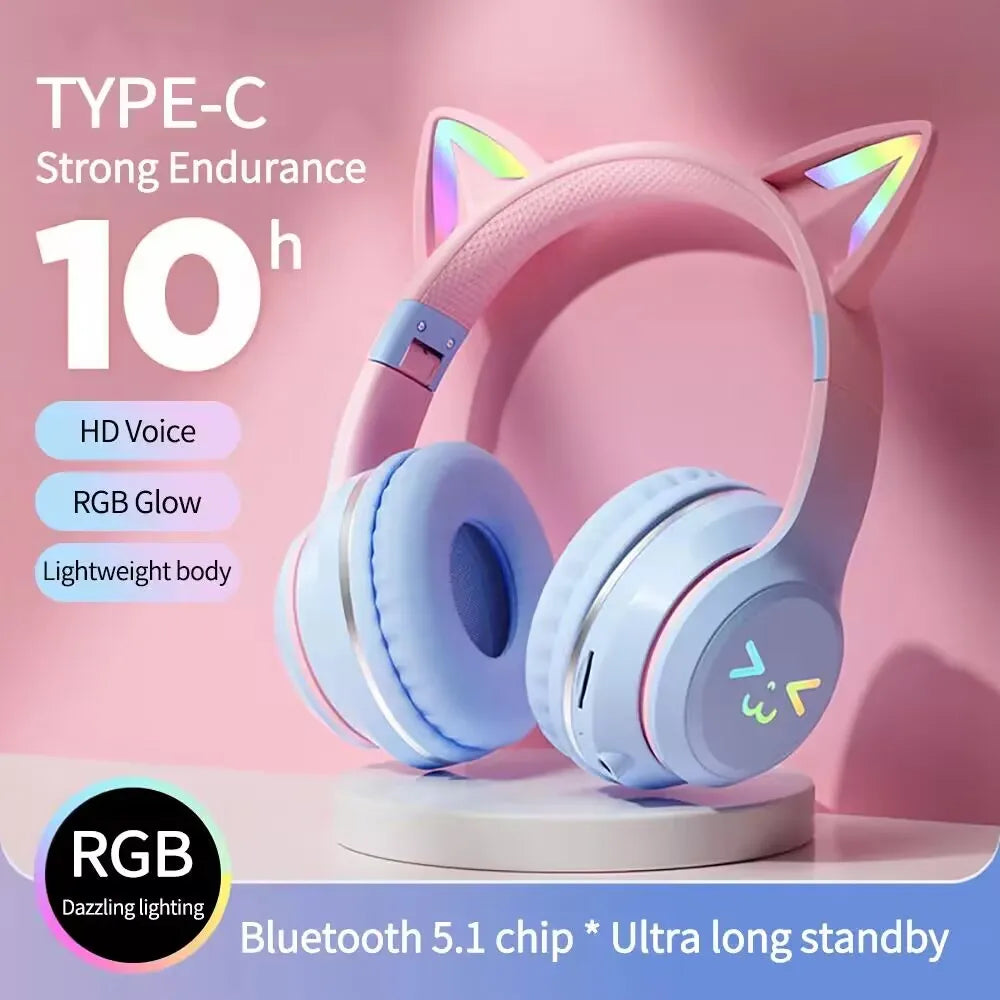 Flash Light Pink Cute Cat Ear Headphones