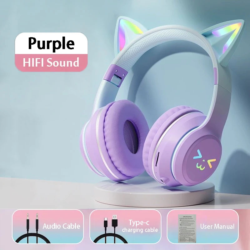 Flash Light Pink Cute Cat Ear Headphones