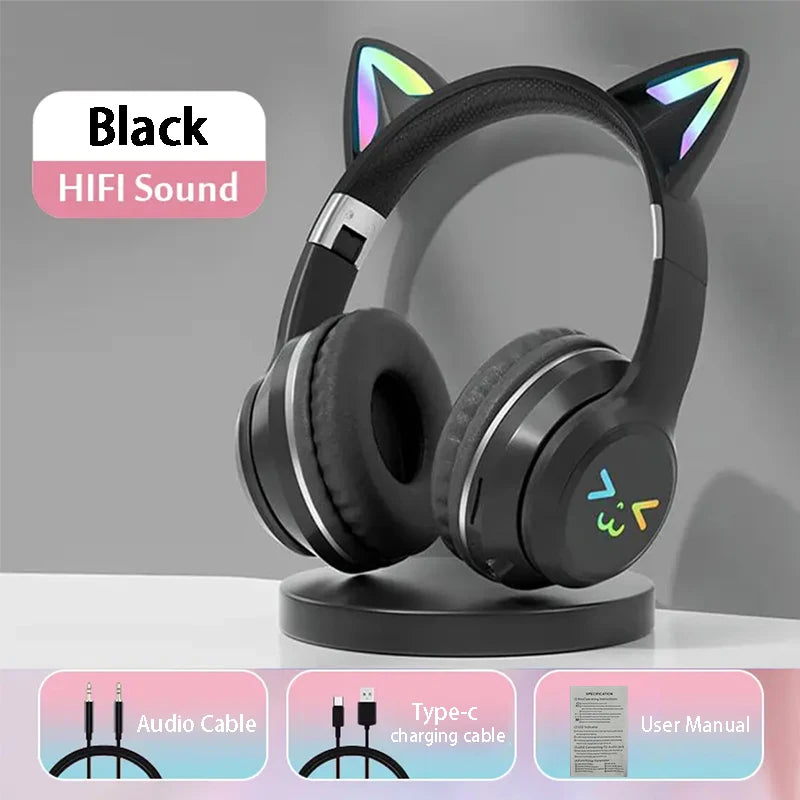 Flash Light Pink Cute Cat Ear Headphones