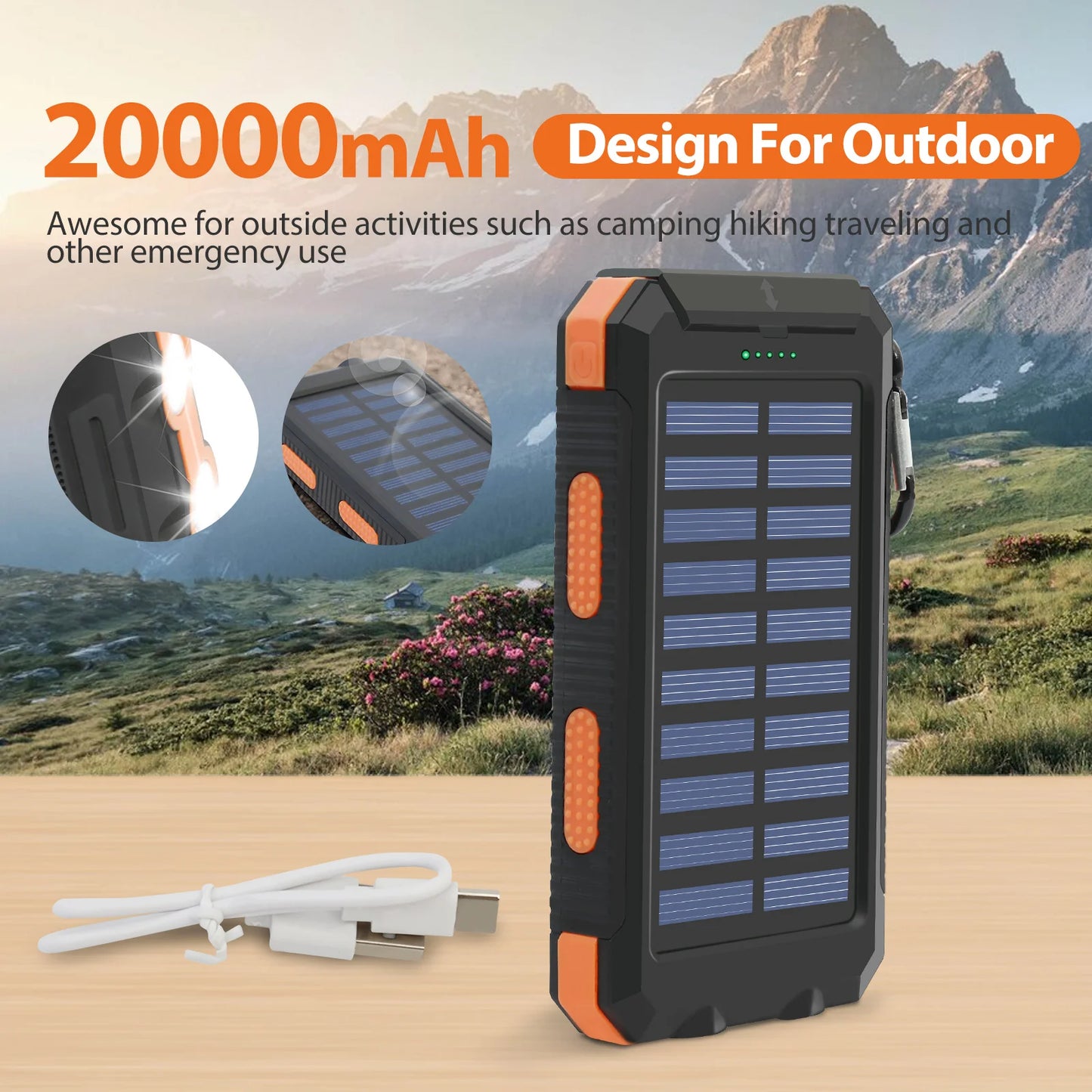 20000mAh Solar Power Bank Portable Solar Charger Waterproof Dual 5V USB Ports 2 LED Light